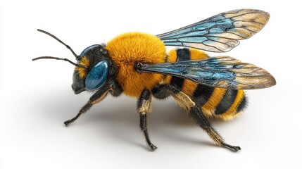 Realistic Close-Up of a Vibrant Bee with Blue Wings, Detailed Fur Texture, and Striped Body, Perfect for Nature or Environmental Projects