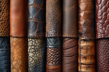 Various Textured Brown Leather Samples Displayed In Vertical Rows