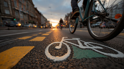 Naklejka premium Beautiful evening bike ride on a city street with a stunning sunset backdrop