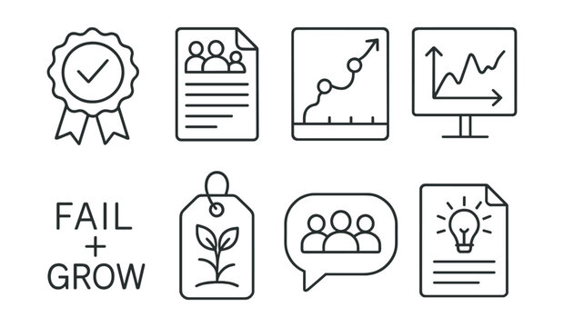 Line style icons of reflection and learning: &ldquo;what I learned&rdquo; badge, group debrief file, learning journey chart, highs and lows board, fail + grow icon, personal growth tag, team reflection bubble,
