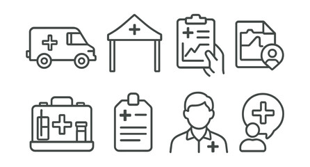 Line style icons of mobile clinics and outreach: medical van icon, pop-up tent badge, field visit chart, rural health map file, portable kit board, mobile records tag, outreach staff symbol, local