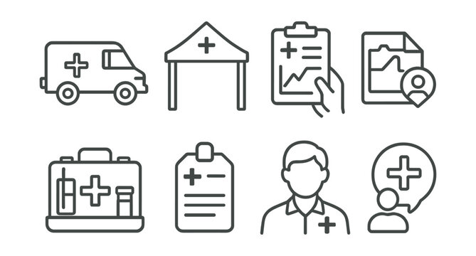Line style icons of mobile clinics and outreach: medical van icon, pop-up tent badge, field visit chart, rural health map file, portable kit board, mobile records tag, outreach staff symbol, local