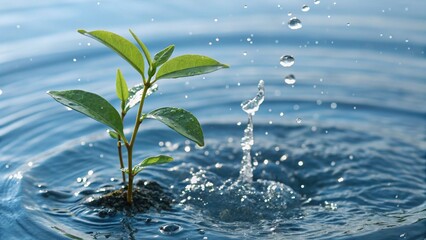 New Life Emerging from Water Sprout and Water Drops