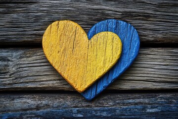 Wooden yellow heart nested inside a blue heart on a wooden surface
