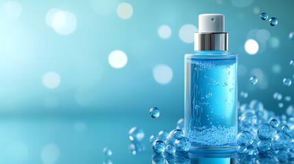 Hydrating serum bottle with bubbles against a light blue background showcasing skincare product for beauty and health with copy space for mockup