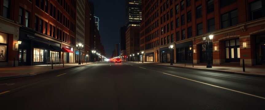 Deserted Baltimore downtown street at night, shadowed buildings, empty asphalt, cityscape, picture