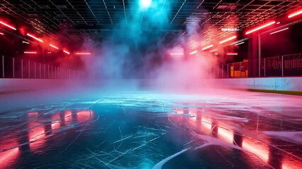 Ice rink with red and blue lighting, filled with swirling fog, ice texture for a dramatic effect. Video for sports events, ice skating promotions, or cinematic visuals.