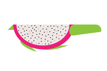 Minimalist dragon fruit slice illustration with pink skin, white flesh, and black seeds, isolated on white background. Perfect for tropical, healthy food, and modern design themes. 