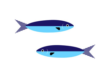 Minimalist blue fish illustration, two stylized sardines with striped tails, isolated on white background. Perfect for seafood, marine, aquatic, and modern design themes. PNG