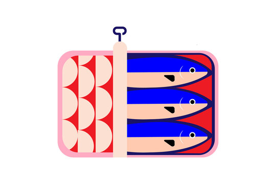 Fun can of sardines illustration in modern minimalist design. Pink tin with red geometric pattern on left and three fish on blue and red background. Ideal for food-themed designs, labels or menus. PNG