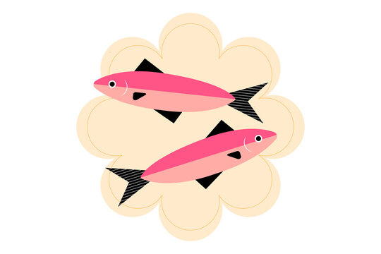 Modern illustration of two pink fish on a cream flower-shaped plate. Two stylized sardines. Contemporary digital art with clean lines and playful pastel color palette