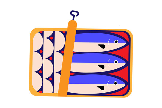 Colorful can of sardines illustration in modern design. Yellow tin with off white geometric pattern and three fish on blue and red background. Ideal for food-themed designs, labels or menus. PNG