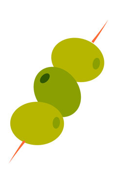 Minimal illustration of green olives on a cocktail stick. Modern vector art showing three olives in varying shades of green pierced by an orange toothpick. Food graphic for bar, menu design. PNG 