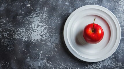 World eating disorders day concept: red apple on empty plate for awareness and health discussion. Mental disorder, anorexia, bulimia. Mental health. World Hunger Day. Copy space. Horizontal banner