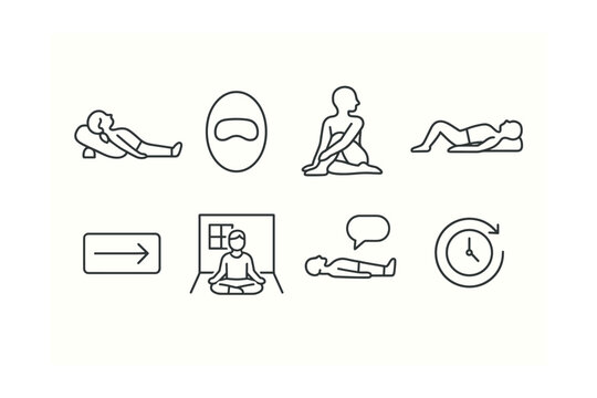 Line style icons of yoga for relaxation: restorative bolster pose icon, eye pillow badge, supported twist tag, gentle backbend chart, long exhale board, calming space file, guided savasana bubble, no