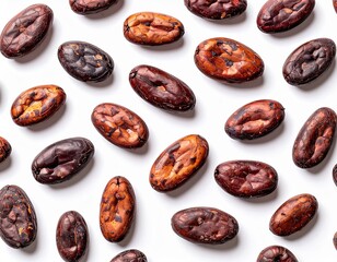 Obraz premium Scattered cocoa beans on a white background, cocoa beans, cocoa bean composition.