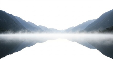 Fototapeta premium 静寂な湖面 朝霧漂う山並みの鏡面反射. AI Generated