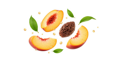 Fresh Peach Slices In Air isolated on transparent background, PNG 