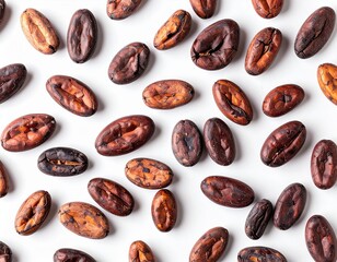 Obraz premium Scattered cocoa beans on a white background, cocoa beans, cocoa bean composition.