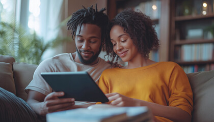 Happy young couple sitting on sofa in bright modern living room sharing tablet experience. Natural light floods through windows as they relax and engage with content enjoying cozy connected moments