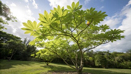 Lush Green Tree with Large Leaves under a Sunny Sky