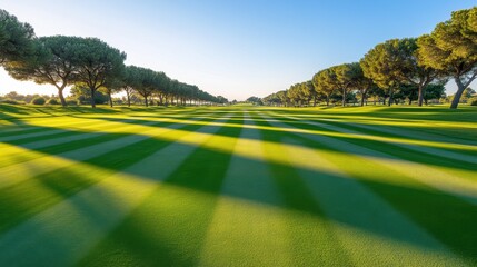 Fototapeta premium Lush golf course landscape, expansive green fairways with trees lining the edges, serene outdoor recreation and relaxation.