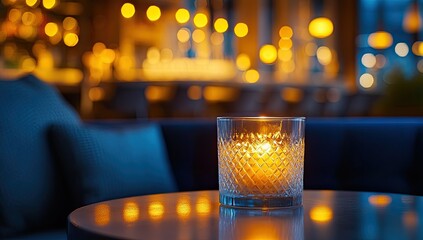 Lit candle with cozy bar, and night ambiance.