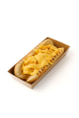 Hot dog with golden grilled sausage on white background