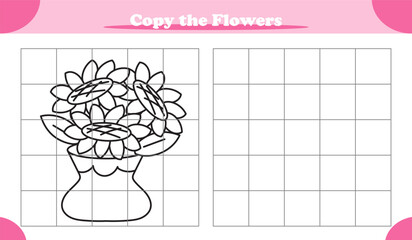 Copy the picture activity game for kids featuring flowers in the vase