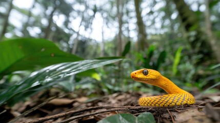 Obraz premium Striking yellow snake resting on forest floor in natural habitat wildlife