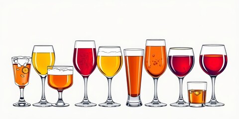 Continuous line drawing of various alcoholic beverages in glasses; classic cocktails, craft beer, liquor shots, whiskey, whiskey, liquor