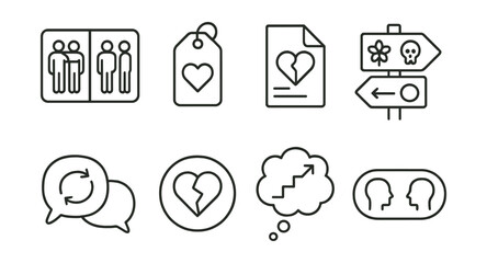 Line style icons of psychology and relationships: secure vs insecure attachment chart, love languages tag, boundaries in dating file, healthy vs toxic board, communication repair icon, repair the