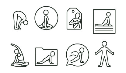 Line style icons of yoga for flexibility: forward fold icon, pigeon pose badge, shoulder stretch tag, hamstring release chart, side body reach board, lizard stretch file, spinal wave bubble, open