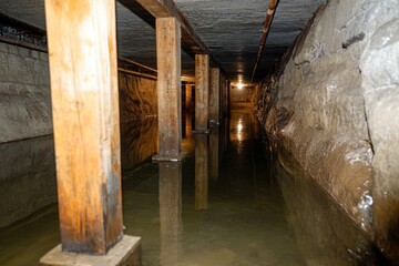 Fototapeta premium Subterranean tunnel with reflections underground structure architecture
