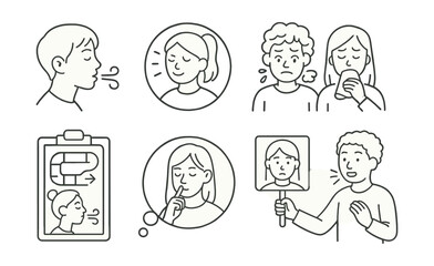 Fototapeta premium Line style icons of adolescent breath practices: short and focused breath icon, breath to chill badge, social anxiety breath file, study stress tag, “cool down” breath board, discreet breathing