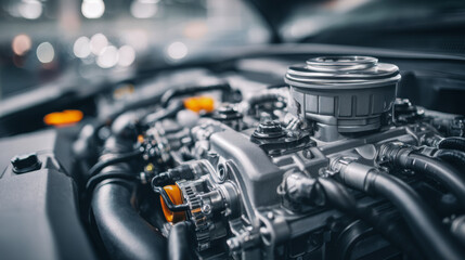 Fototapeta premium Close-up of a modern automotive engine showcasing intricate mechanical components.