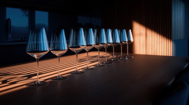 Elegant meeting room with long table, soft natural light casting shadows, modern design ideal for corporate presentations.