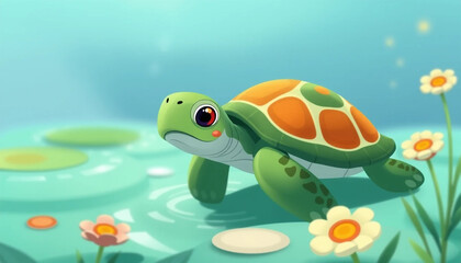 Fototapeta premium Colorful Cartoon Turtle with Orange Shell and Bright Eyes Walking on a Pond with Flowers - 3D Animated Character on a Peaceful Water Surface Surrounded by Greenery