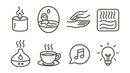 Line style icons of sensory relaxation: scented candle icon, warm bath badge, calming touch tag, soft texture file, essential oil diffuser chart, taste of tea board, pleasant sound bubble, dim light