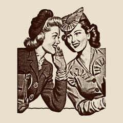 Secrets Shared: A vintage-styled image shows two women in close conversation, one whispering a secret into the other's ear, revealing a moment of intimacy and gossip from a bygone era.