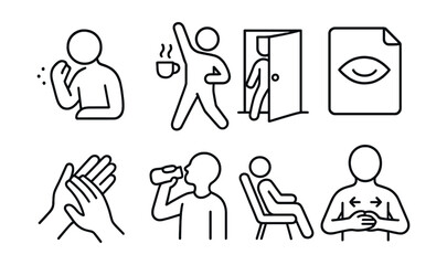 Line style icons of breaks during the day: micro-pause icon, tea stretch badge, step outside tag, rest for eyes file, hand massage board, drink water chart, chair recline bubble, breath reset symbol.