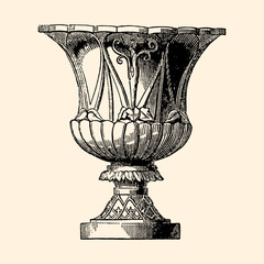 Elegant Urn: A finely detailed illustration showcases a classical urn, featuring intricate carvings and a sense of timeless artistry, perfectly captured in a refined etching style.