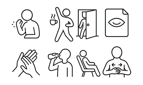 Line style icons of breaks during the day: micro-pause icon, tea stretch badge, step outside tag, rest for eyes file, hand massage board, drink water chart, chair recline bubble, breath reset symbol.