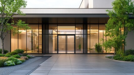Modern building entrance with glass walls and landscaped courtyard