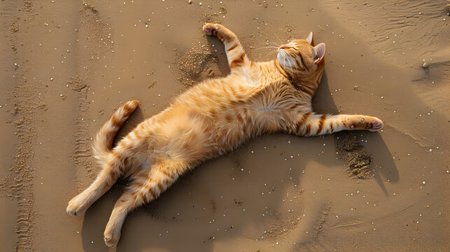 the cat is lying on the beach