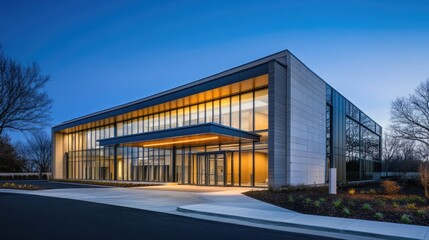 Modern Office Building Exterior at Dusk, Illuminated Entrance, Glass Facade, Stone Cladding