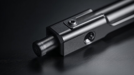 Close-up of a sleek, modern firearm component showcasing intricate engineering details.