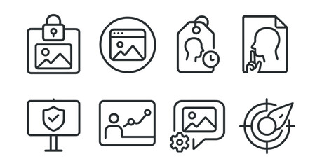 Line style icons of online reputation awareness: permanent post icon, screenshot lives on badge, digital shadow tag, think before share file, protect your name board, account history chart, image