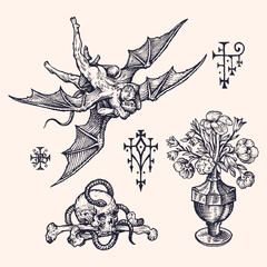 A drawing of a skull, a vase, and a skeleton