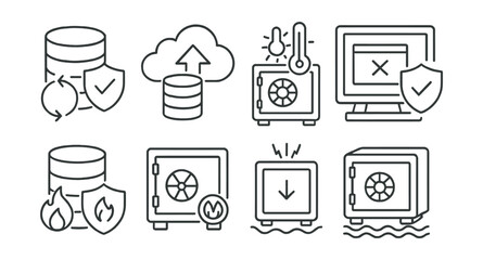 Line style icons of data storage security: redundant backup system, offsite backup service, climate-controlled storage vault, disaster recovery protocol, damage-resistant cold storage,